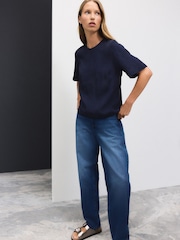 Navy Short Sleeve Leaf Jacquard Satin Boxy T-Shirt - Image 3 of 8