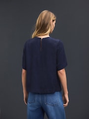 Navy Short Sleeve Leaf Jacquard Satin Boxy T-Shirt - Image 4 of 8