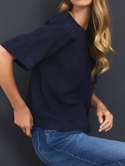 Navy Short Sleeve Leaf Jacquard Satin Boxy T-Shirt - Image 5 of 8
