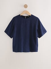 Navy Short Sleeve Leaf Jacquard Satin Boxy T-Shirt - Image 6 of 8