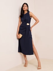Friends Like These Navy Blue Sleeveless Scuba Hardware Trim Midi Dress - Image 1 of 4