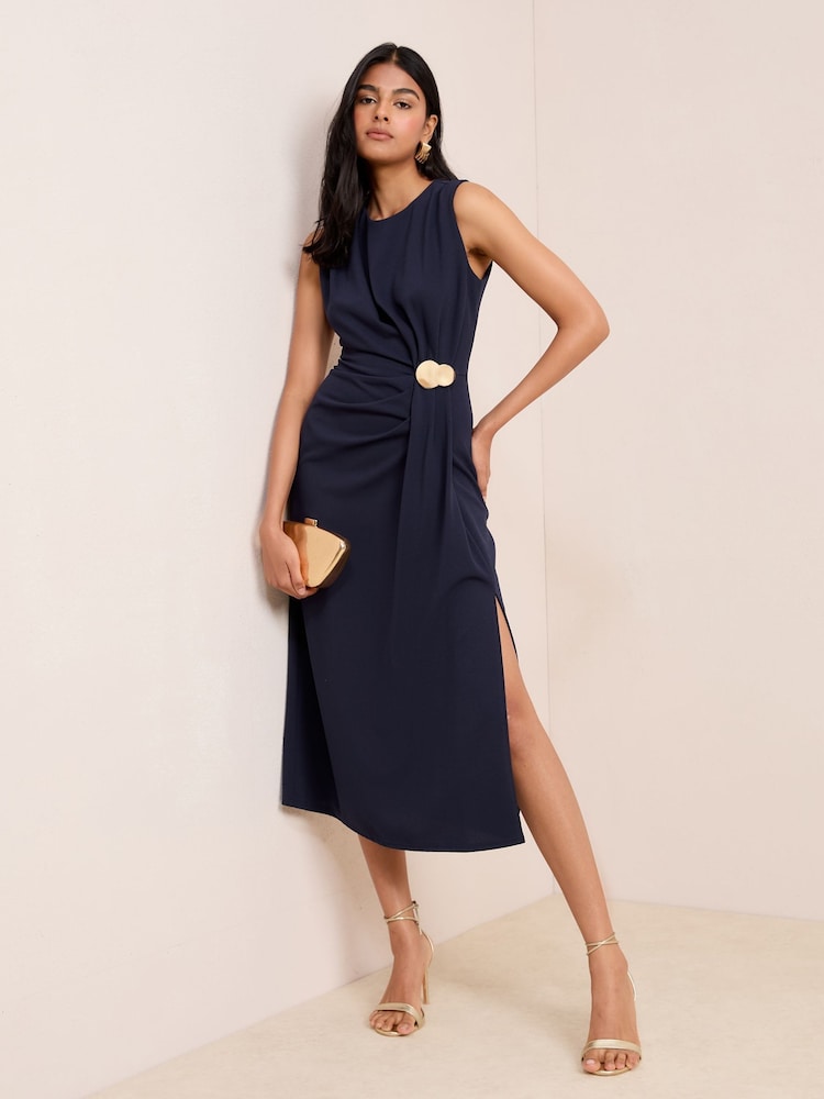 Friends Like These Navy Blue Sleeveless Scuba Hardware Trim Midi Dress - Image 1 of 4