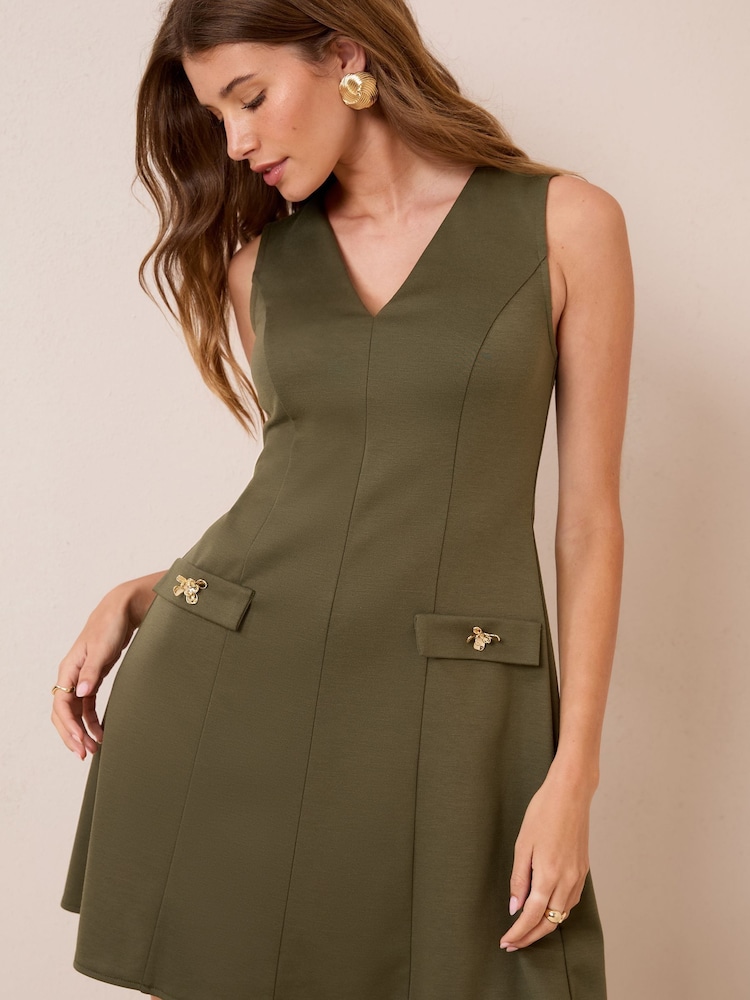 Friends Like These Khaki Green Petite Mini Fit Sleeveless V-Neck And Flare Button Detail Dress - Image 2 of 5