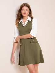 Friends Like These Khaki Green Petite Mini Fit Sleeveless V-Neck And Flare Button Detail Dress - Image 4 of 5