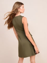 Friends Like These Khaki Green Petite Mini Fit Sleeveless V-Neck And Flare Button Detail Dress - Image 5 of 5