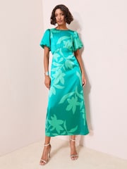 Friends Like These Green Floral Petite Print Satin Puff Sleeve Scoop Neck Midi Dress - Image 1 of 5
