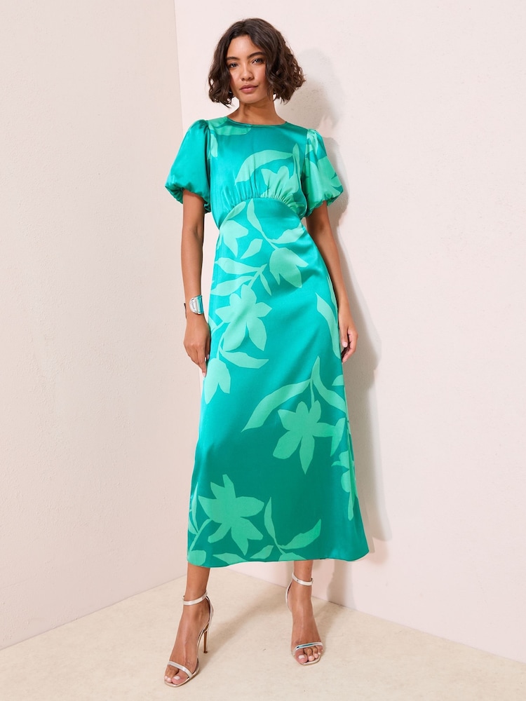 Friends Like These Green Floral Petite Print Satin Puff Sleeve Scoop Neck Midi Dress - Image 1 of 5 Friends Like These Green Floral Petite Print Satin Puff Sleeve Scoop Neck Midi Dress - Image 1 of 5