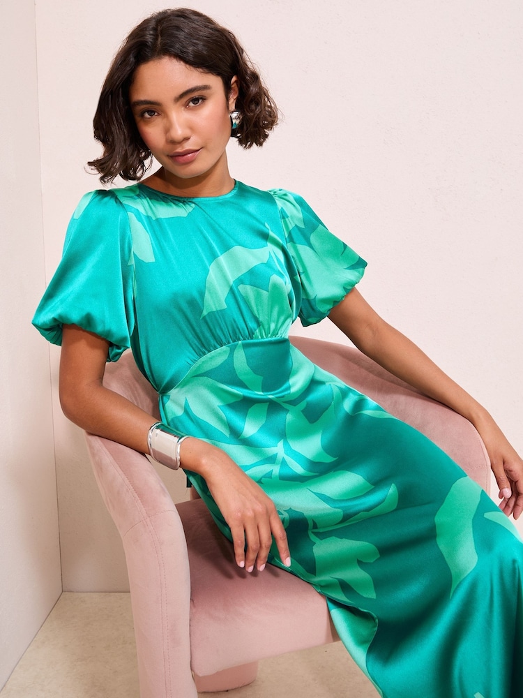 Friends Like These Green Floral Petite Print Satin Puff Sleeve Scoop Neck Midi Dress - Image 2 of 5 Friends Like These Green Floral Petite Print Satin Puff Sleeve Scoop Neck Midi Dress - Image 2 of 5