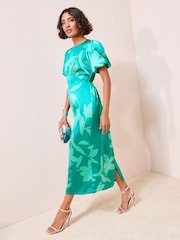 Friends Like These Green Floral Petite Print Satin Puff Sleeve Scoop Neck Midi Dress - Image 3 of 5
