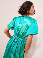 Friends Like These Green Floral Petite Print Satin Puff Sleeve Scoop Neck Midi Dress - Image 4 of 5