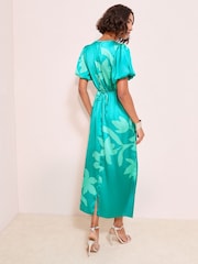 Friends Like These Green Floral Petite Print Satin Puff Sleeve Scoop Neck Midi Dress - Image 5 of 5