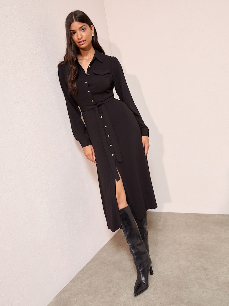 Friends Like These Black Petite Long Sleeve Button Through Collar Midi Shirt Dress - Image 1 of 5 Friends Like These Black Petite Long Sleeve Button Through Collar Midi Shirt Dress - Image 1 of 5