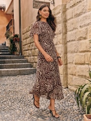 Friends Like These Brown Print Petite Short Sleeve Chiffon Tiered Maxi Dress - Image 1 of 5