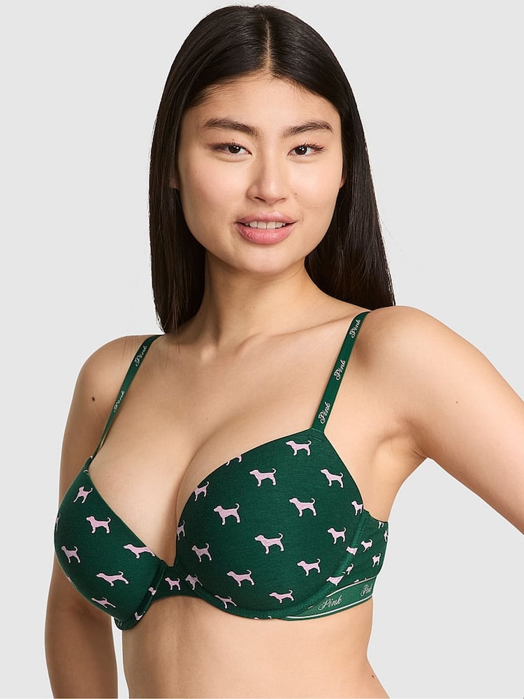Victoria's Secret PINK Jaguar Green Super Push Up Cotton Logo Bra - Image 1 of 3