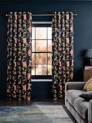 Navy Blue Floral Velvet Eyelet Lined Curtains - Image 1 of 5