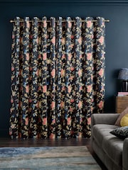 Navy Blue Floral Velvet Eyelet Lined Curtains - Image 2 of 5
