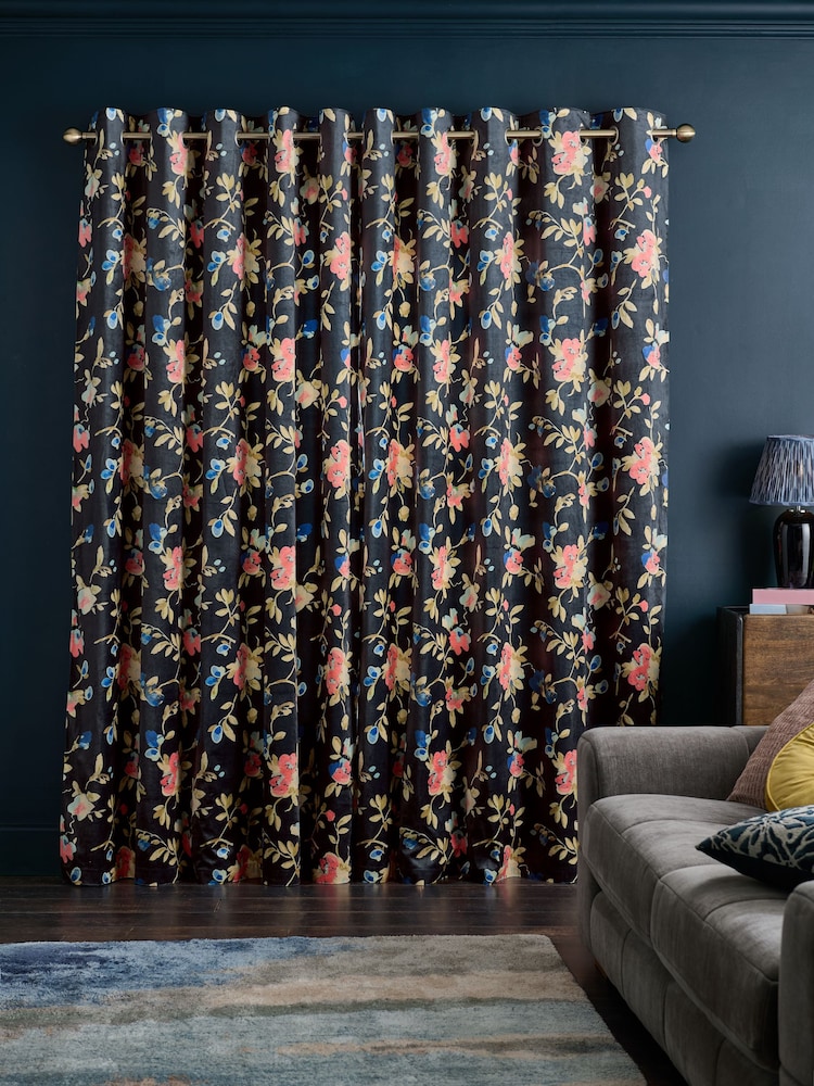 Navy Blue Floral Velvet Eyelet Lined Curtains - Image 2 of 5
