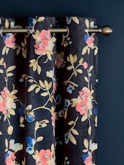 Navy Blue Floral Velvet Eyelet Lined Curtains - Image 3 of 5