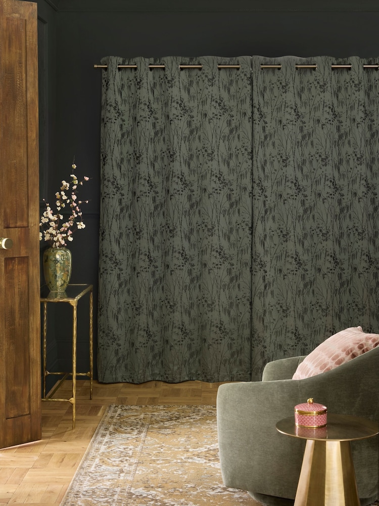 Green Tree Jacquard Eyelet Lined Curtains - Image 2 of 5 Green Tree Jacquard Eyelet Lined Curtains - Image 2 of 5