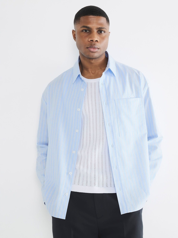 River Island Blue Long Sleeve Striped Oxford 100% Cotton Shirt - Image 1 of 6