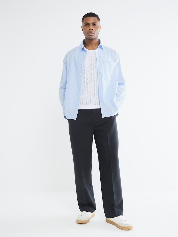 River Island Blue Long Sleeve Striped Oxford 100% Cotton Shirt - Image 2 of 6