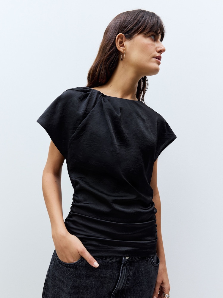 Black Satin Ruched Short Sleeve Top - Image 1 of 5