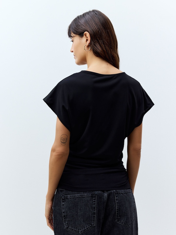 Black Satin Ruched Short Sleeve Top - Image 2 of 5