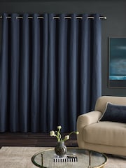 Navy Blue Crinkle Faux Silk Lined Curtains - Image 2 of 5