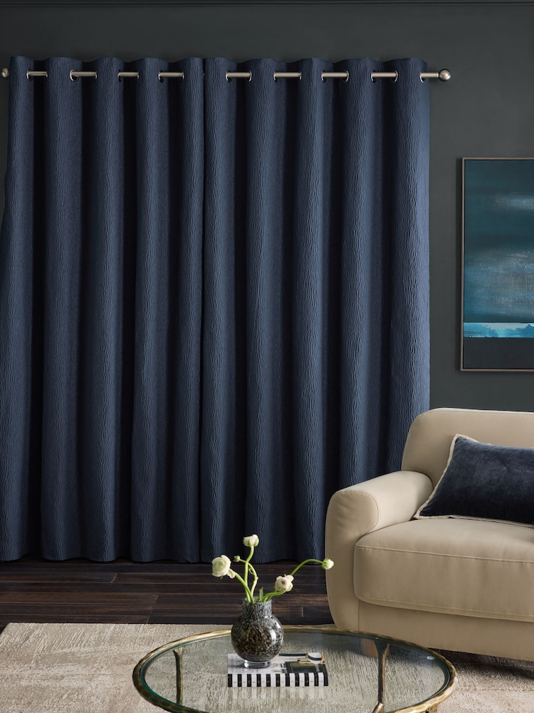 Navy Blue Crinkle Faux Silk Lined Curtains - Image 2 of 5