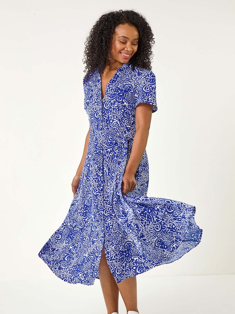 Roman Blue Petite Abstract Print Button Shirt Dress - Image 1 of 5