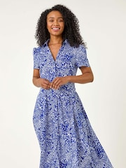 Roman Blue Petite Abstract Print Button Shirt Dress - Image 2 of 5