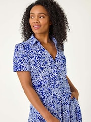 Roman Blue Petite Abstract Print Button Shirt Dress - Image 4 of 5