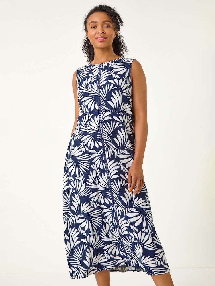 Roman Blue Petite Tropical Trim Midi Dress - Image 1 of 5