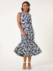 Roman Blue Petite Tropical Trim Midi Dress - Image 2 of 5