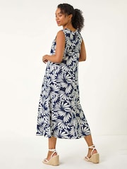 Roman Blue Petite Tropical Trim Midi Dress - Image 3 of 5