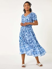 Roman Blue Petite Floral Print Border Midi Dress - Image 1 of 5