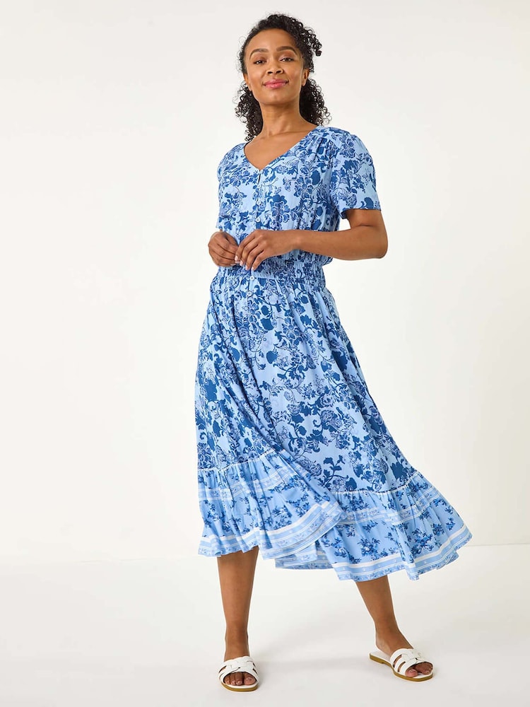 Roman Blue Petite Floral Print Border Midi Dress - Image 1 of 5