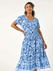 Roman Blue Petite Floral Print Border Midi Dress - Image 2 of 5