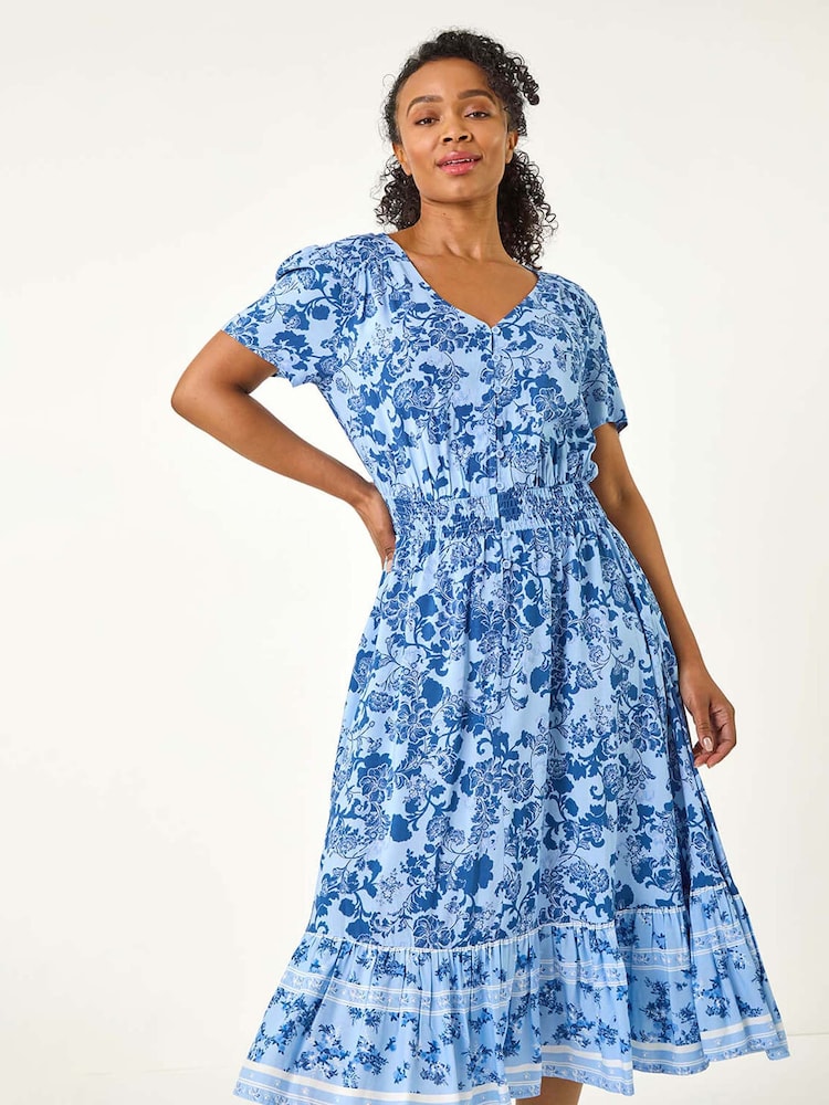 Roman Blue Petite Floral Print Border Midi Dress - Image 2 of 5