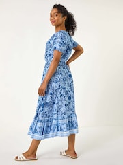 Roman Blue Petite Floral Print Border Midi Dress - Image 3 of 5