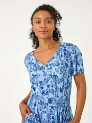 Roman Blue Petite Floral Print Border Midi Dress - Image 4 of 5