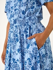 Roman Blue Petite Floral Print Border Midi Dress - Image 5 of 5