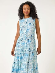 Roman Blue Petite Postcard Print Midi Dress - Image 2 of 5