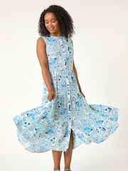 Roman Blue Petite Postcard Print Midi Dress - Image 4 of 5