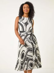 Roman Black Petite Print Tie Waist Pleated Dress - Image 1 of 5