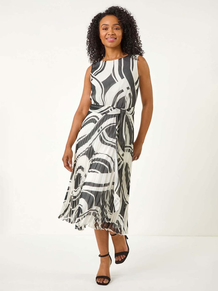 Roman Black Petite Print Tie Waist Pleated Dress - Image 2 of 5
