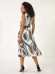 Roman Black Petite Print Tie Waist Pleated Dress - Image 3 of 5