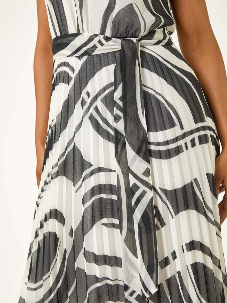 Roman Black Petite Print Tie Waist Pleated Dress - Image 5 of 5