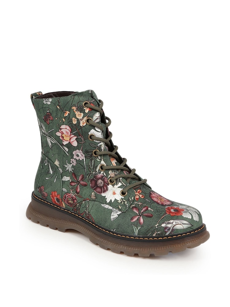 Pavers Green Lace Up Floral Boots - Image 2 of 5