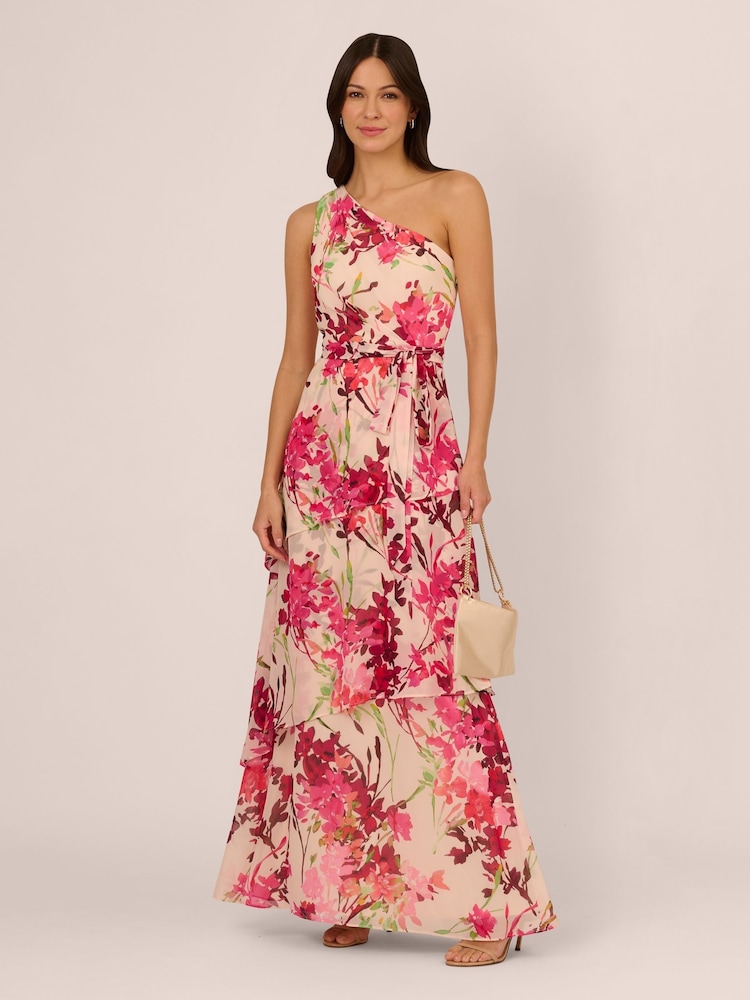 Adrianna Papell Pink One Shoulder Tiered Gown - Image 3 of 7